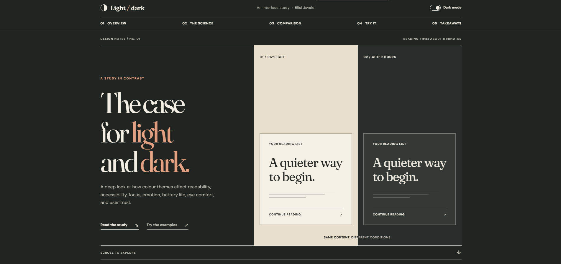 Light and dark theme switch illustrated side by side