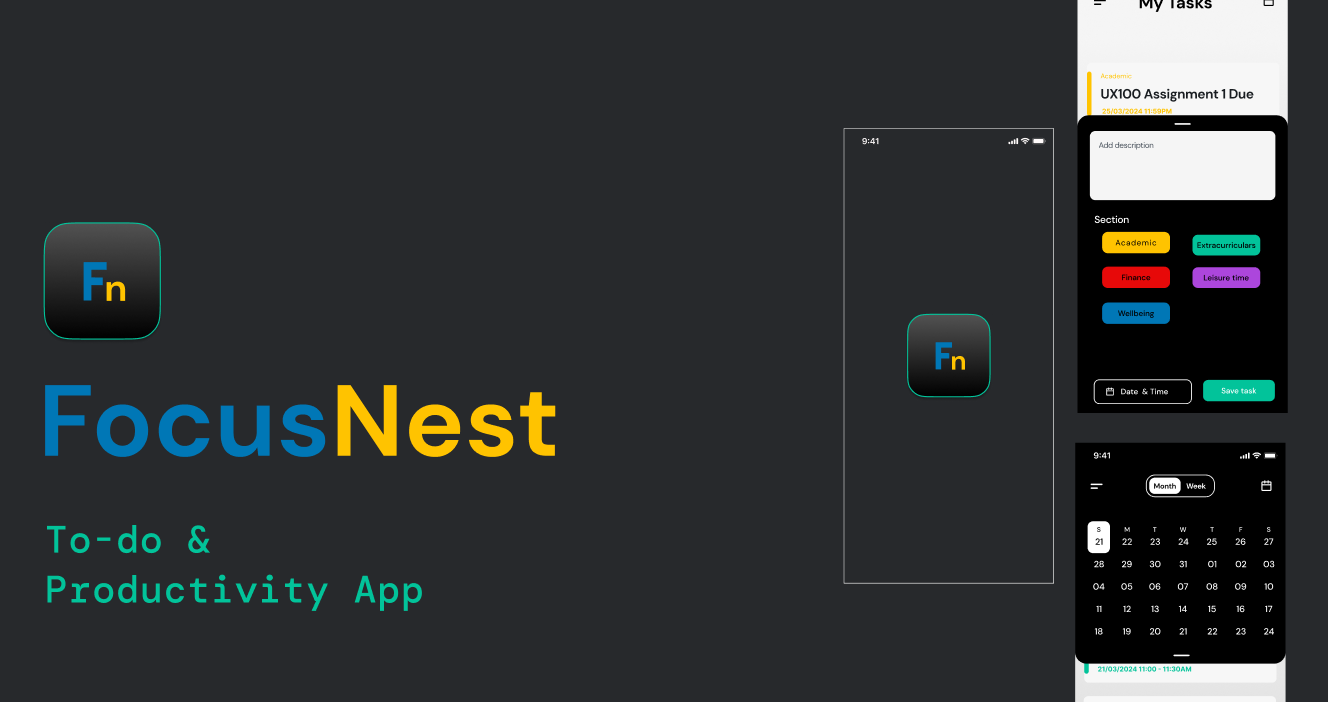 FocusNest concept presentation with app icon, wordmark, and task entry and calendar screens