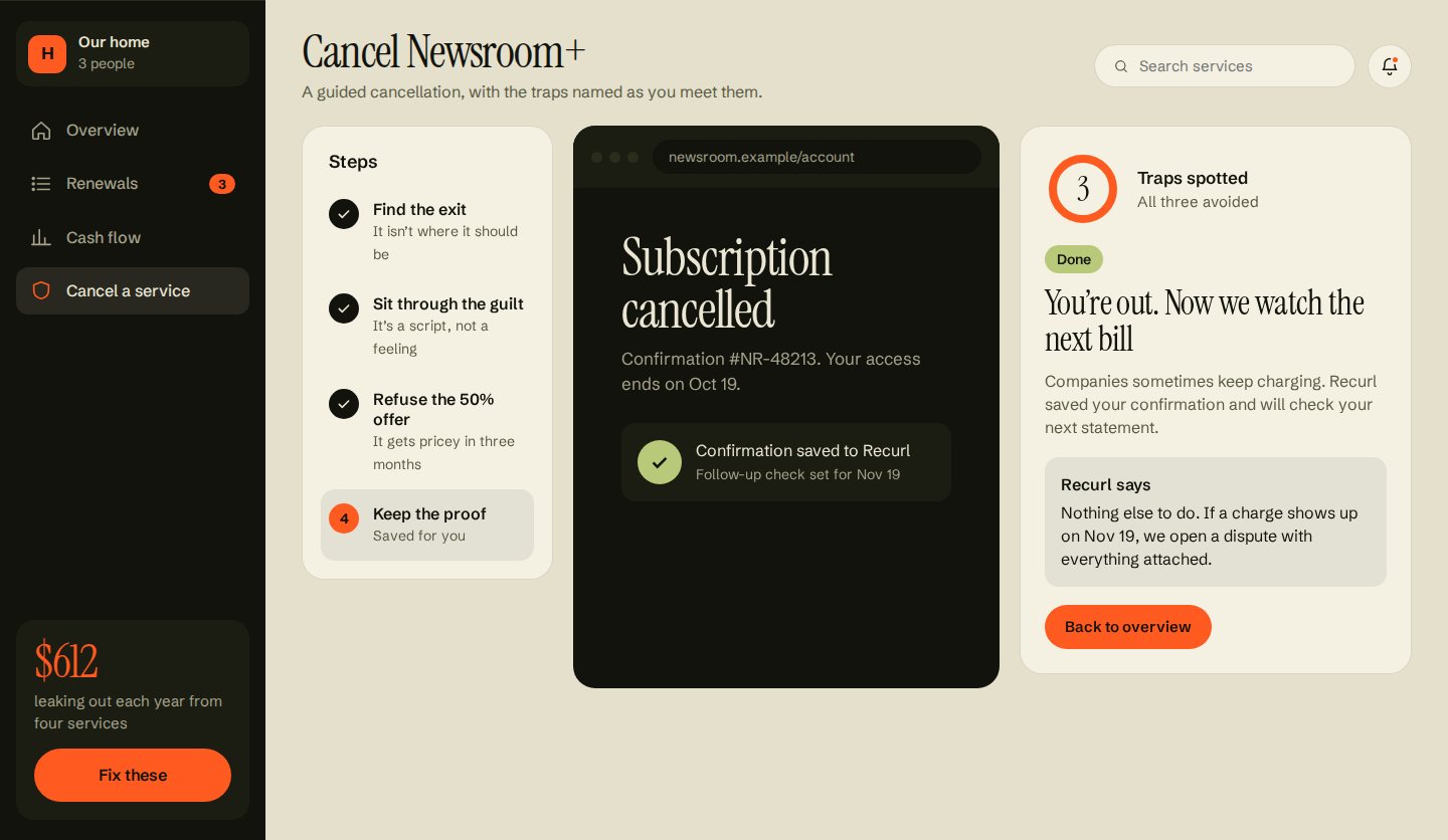Guided cancel done: subscription cancelled, confirmation saved to Recurl, and three of three traps spotted