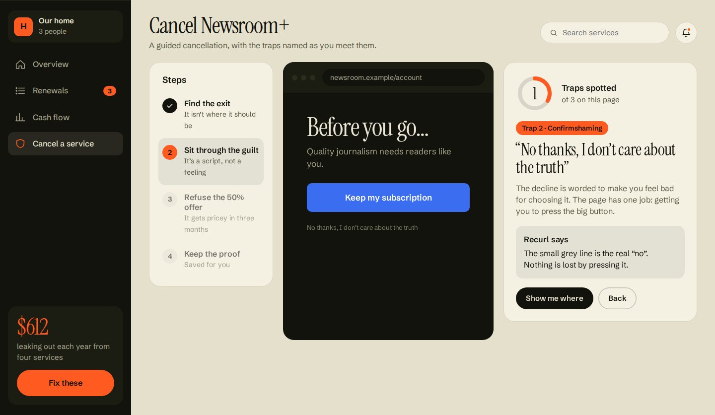 Guided cancel step 2, confirmshaming: a Keep my subscription button and a guilt-trip decline line