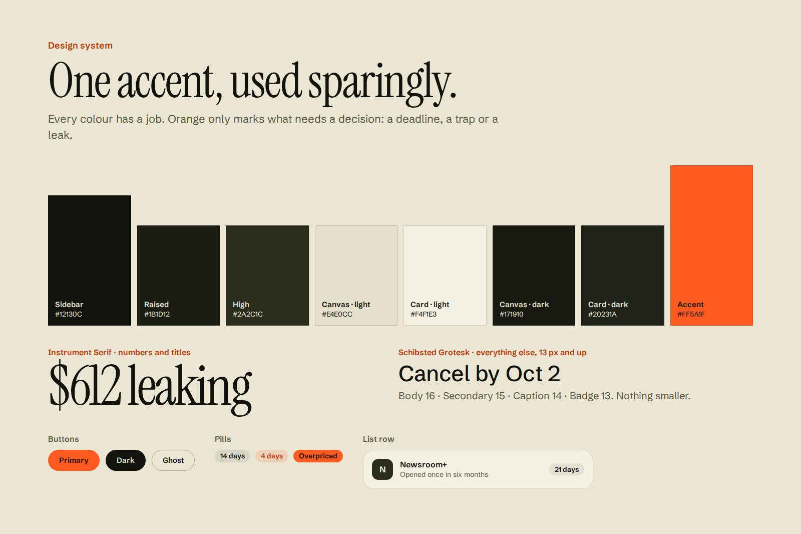Recurl design system board with colour swatches for light and dark, serif and sans type specimens, buttons, pills and a list row
