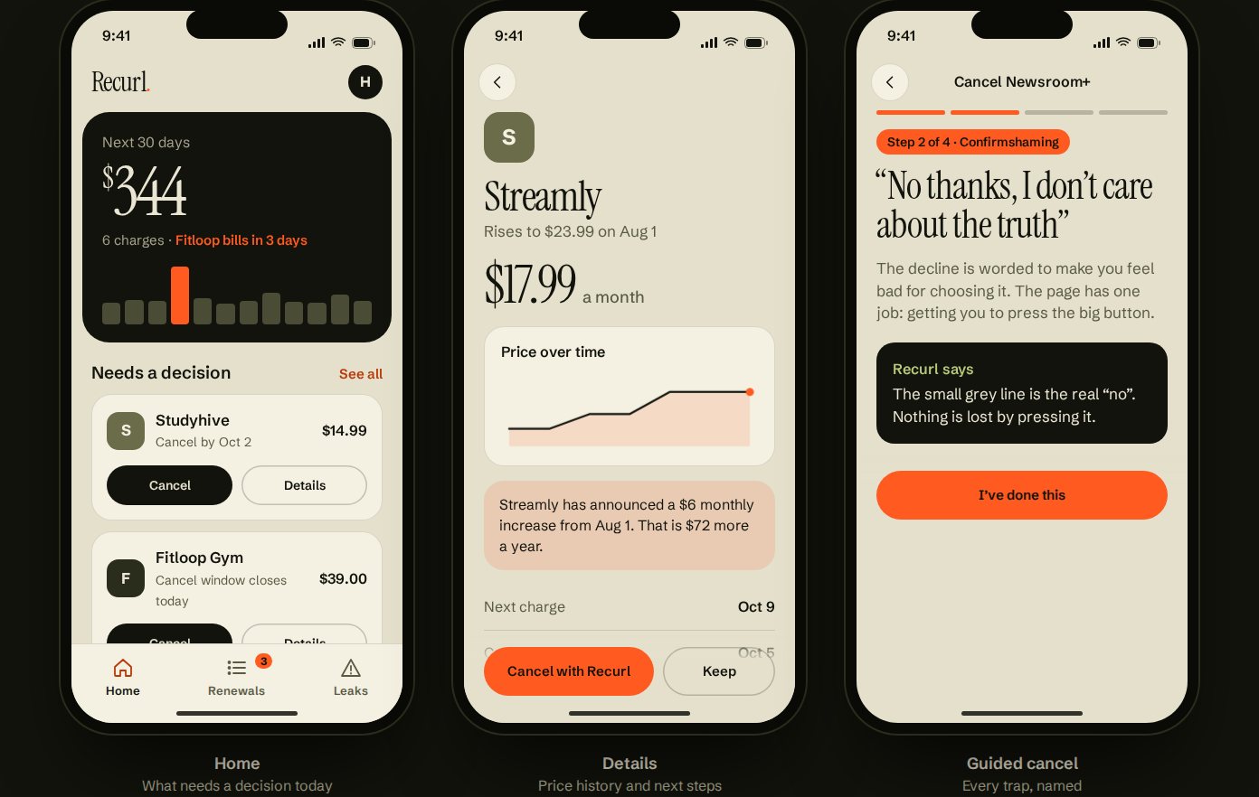 Three iPhone screens: Home with 344 dollars due in 30 days and decision cards, Streamly details with a price history chart, and step 2 of the guided cancel