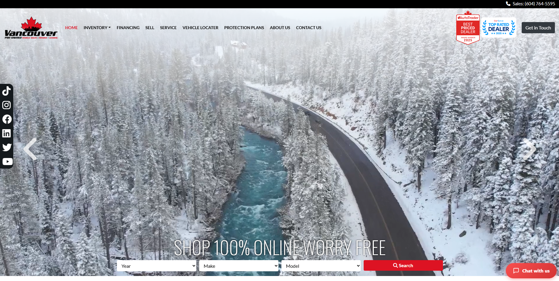 Vancouver Pre-Owned homepage capture with winter road imagery, site navigation, vehicle search, and contact action